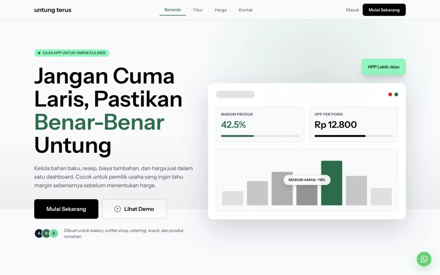 Tampilan aktual aplikasi HPP TerusUntung